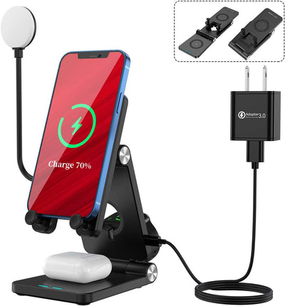 4-in-1 Portable Foldable Wireless Charging Station with LED Desk Lamp for iWatch, AirPods (3/2), and iPhone (11/12 Series, XS MAX, XR, XS, X, 8/8 Plus) - Includes QC Adapter