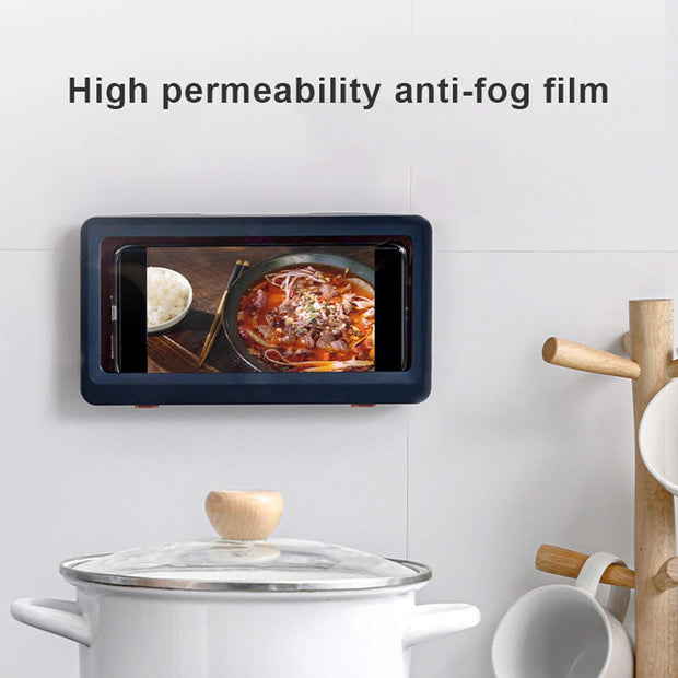 Waterproof Wall-Mounted Shower Phone Holder with HD Anti-Fog Mirror and Touch Screen Shelf for Bathroom (Geek Blue)