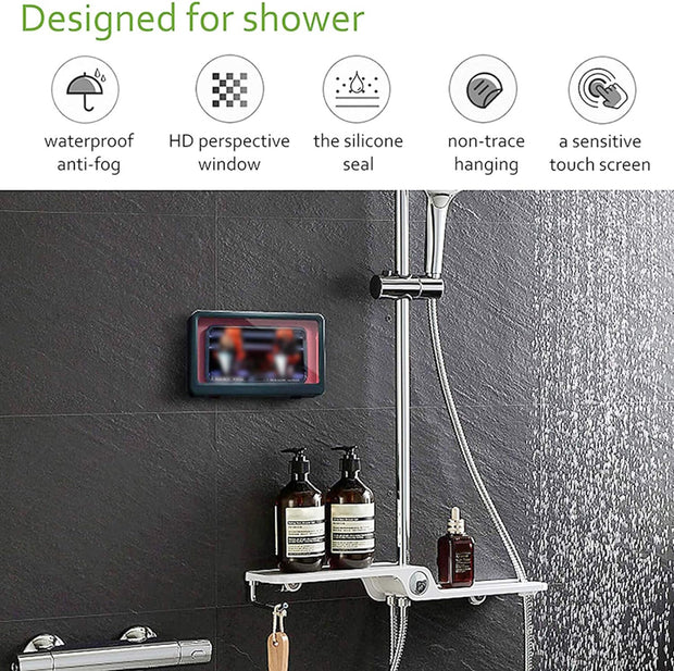 Waterproof Wall-Mounted Shower Phone Holder with HD Anti-Fog Mirror and Touch Screen Shelf for Bathroom (Geek Blue)