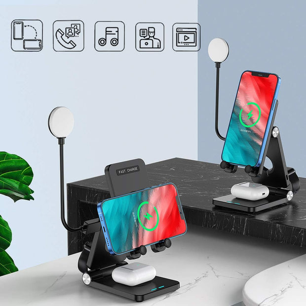 4-in-1 Portable Foldable Wireless Charging Station with LED Desk Lamp for iWatch, AirPods (3/2), and iPhone (11/12 Series, XS MAX, XR, XS, X, 8/8 Plus) - Includes QC Adapter